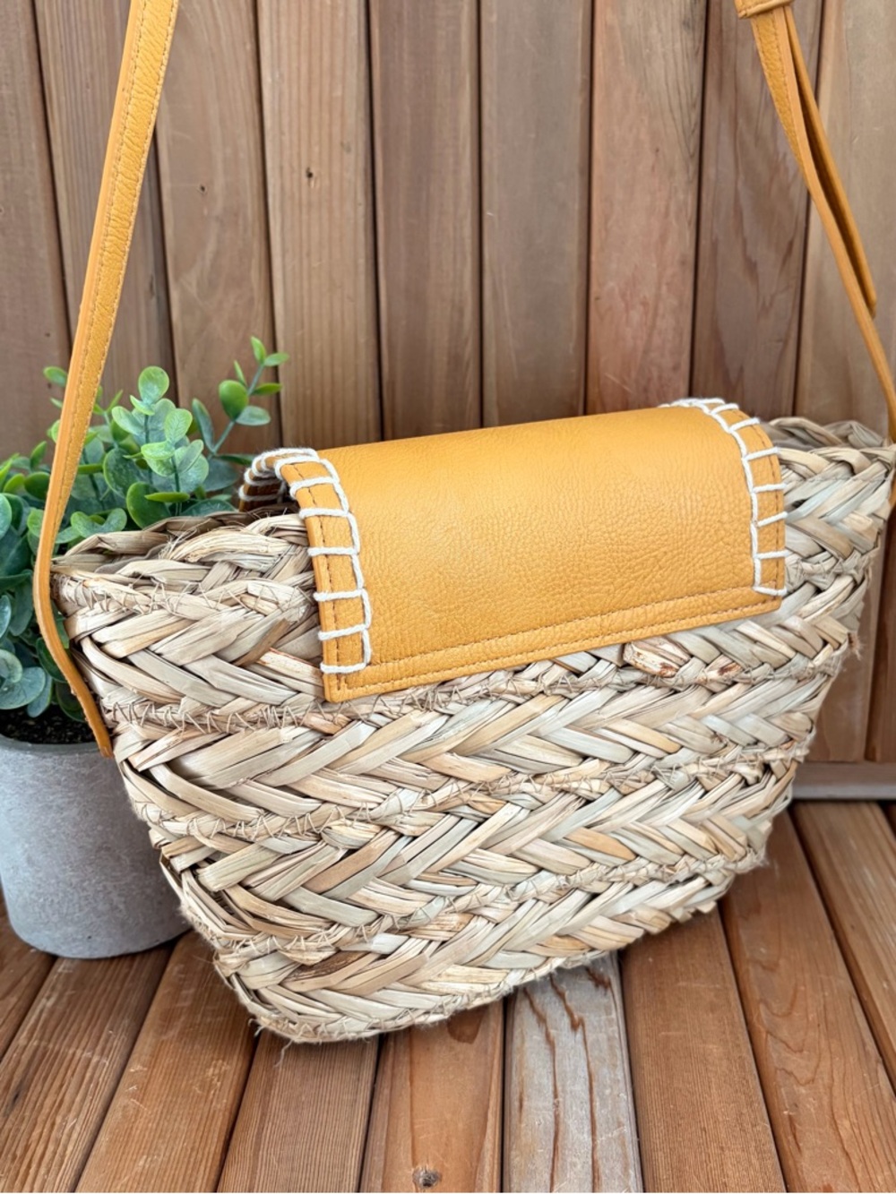 Woven Boho Crossbody Bag Vegan Leather Flap in Bright Yellow - Picture 6 of 8